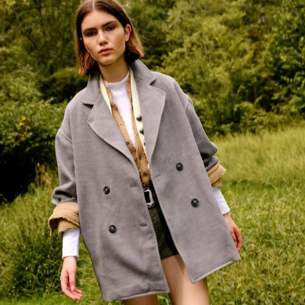 Free People S Oversized‎ Double Breasted Knit Blazer Jacket Gray Minimal Winter